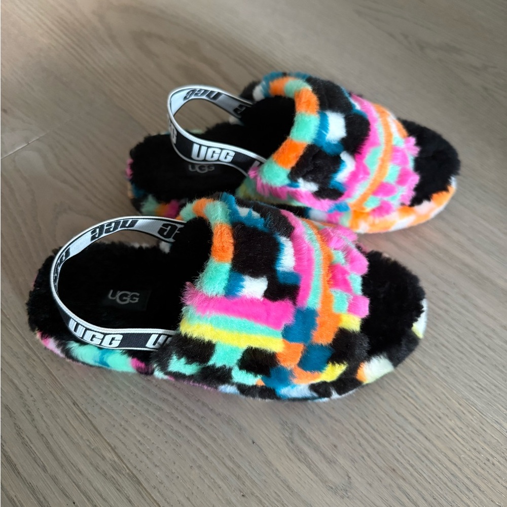 UGG FLUFF YEAH Checks Multicolor Slip On Slide Slipper Big Girl Size 4
